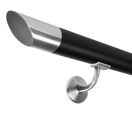 Picture: Handrail black with stainless steel end cap bevelled and holder with hanger bolt