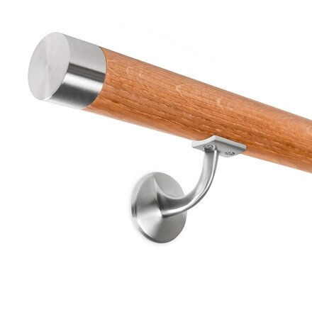 Picture: Handrail set red oak with stainless steel end cap straight and holder with hanger bolt