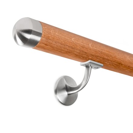 Picture: Handrail set red oak with stainless steel end cap round and holder with hanger bolt